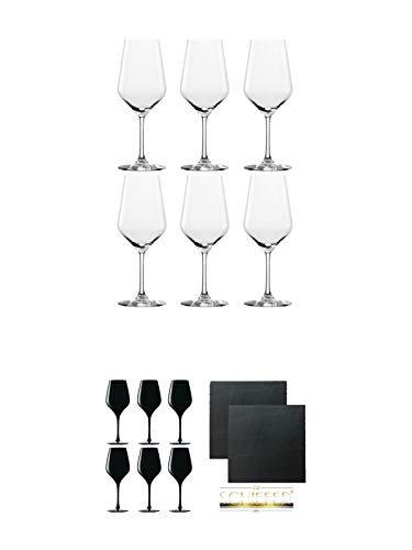 Rotweinglas Stölzle - 3770001 6 Stück + Blind Tastinglas für Wein Exquisit 6 Gläser - 1477402 + Schiefer Glasuntersetzer eckig ca. 9,5 cm Ø 2 Stück