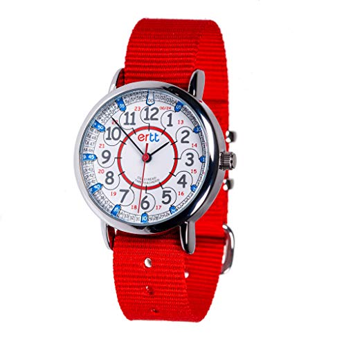 EasyRead Time Teacher Kinderuhr, 12- & 24-Stunden "Digital"-Uhrzeit, Rot-blau-graues Zifferblatt / Rot Armband