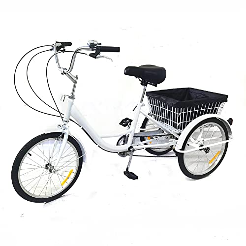 Bazargame 20 Zoll Weiß Erwachsene älterer Pedal Dreirad Shopping Tricycle 3 Räder 8-Gang-Dreirad Mit Korb