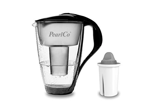 PearlCo - Glas-Wasserfilter (schwarz) mit 1 Protect+ classic Filterkartusche (f. hartes Wasser) - passt zu Brita Classic