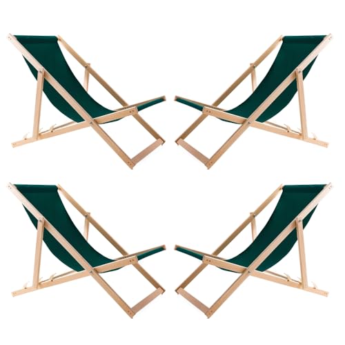 WOODOK 4er Liegestuhl Klappbar - Gartenliege Klappbar bis 120kg, Sonnenliege aus Buchenholz ohne Armlehne - 3-Stufige Rückenlehnenverstellung (4X Grün)