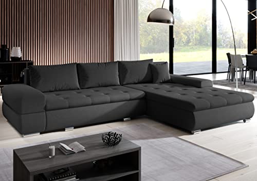 Furnix Ecksofa ARZO mit Schlaffunktion und Bettkasten - Couch L-Form Sofa mit Kissen - Stellfüße in Chromoptik - B314 x H85 x T210 cm, Liegefläche: 255 x 150 cm - PR96 (Grau)