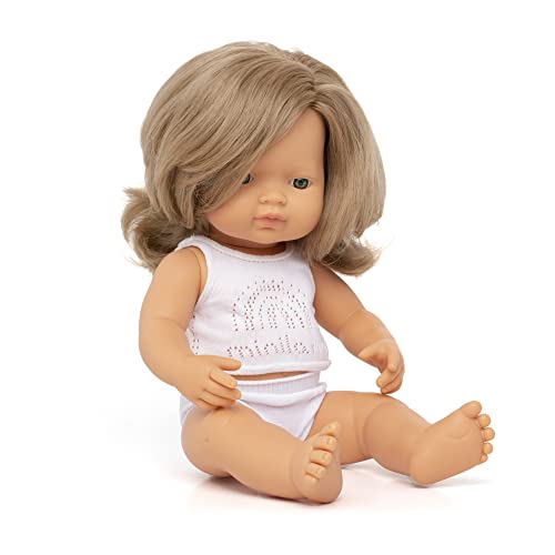 Miniland Dolls: europäische Babypuppe Mädchen mit dunkelblondem Haar, 38cm, aus weichem Vinyl, präsentiert mit Unterwäsche in Geschenkbox (31260)