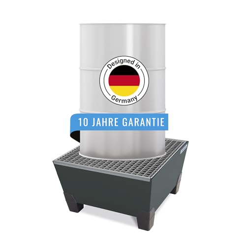 DENIOS® Auffangwanne aus Stahl | mit verzinktem Gitterrost | Stahl | grau | für 1 Fass à 200 Liter | 217 Liter | 815 x 885 x 485 mm | Arbeitssicherheit Notfall-Umweltschutz-Produkte