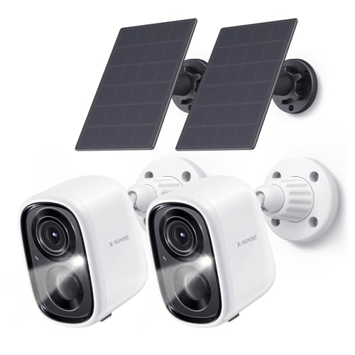 X-Sense Überwachungskamera Aussen Akku Solar, 5000mAh Akku WLAN Kamera, Bewegungssensor, Farb-Nachtsicht, 2-Wege-Audio, Cloud-Speicher, Spotlights, IP65 wasserdicht, 2er Set