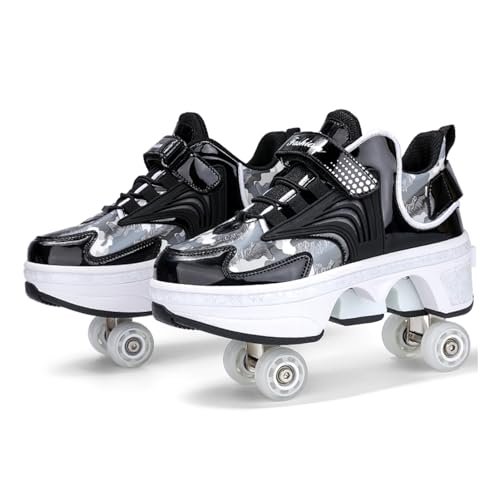 Roller Skate Schuhe - Turnschuhe - Rollerschuhe 2 -in -1 geeignet für Sport im Outdoor Sport Skating Unsichtbare Rollschuhe Mädchen Frauen Black-42EU