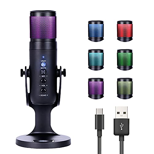 Kondensator-Mikrofon Studioqualität RGB-LED Farbatmosphärenlicht USB Microphone 360° drehbares mit Ladekabel für Streaming, Aufnahmen, Podcasting, Broadcasting, Gaming, Live-Streaming und Mehr