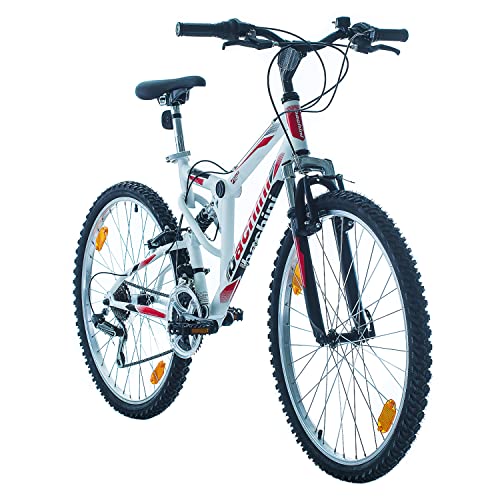 Multibrand Probike Extreme 26 Zoll Mountainbike Vollfederung Shimano 18 Gang, Herren-Fahrrad & Damen-Fahrrad, geeignet ab 155 – 180 cm (Weiß Matt Rot)