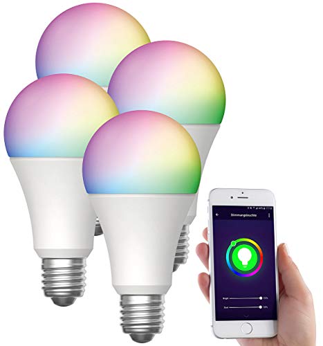 Luminea Home Control E27 LED dimmbar: 4er-Set WLAN-LED-Lampen, E27, RGB-CCT, 9W (ersetzt 75W), F, 800lm, App (E27 farbige LED)