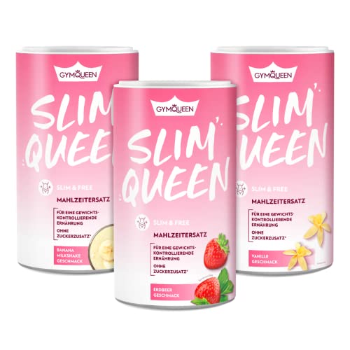 GymQueen Slim Queen Abnehm Shake 3x420g, Vanille, Erdbeer, Banana Milkshake, Diät-Shake zum einfachen Abnehmen, Mahlzeitersatz mit wichtigen Vitaminen und Nährstoffen, nur 250 kcal pro Portion