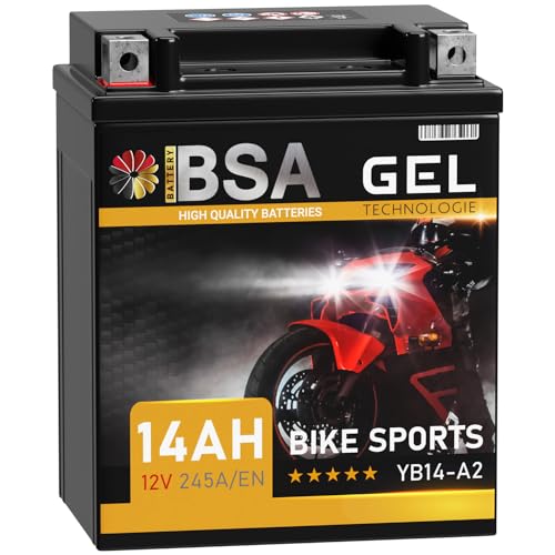BSA YB14-A2 GEL Roller Batterie 12V 14Ah 245A/EN Motorradbatterie doppelte Lebensdauer entspricht 51412 CB14-A2 FB14-A2 6Y4P vorgeladen auslaufsicher wartungsfrei