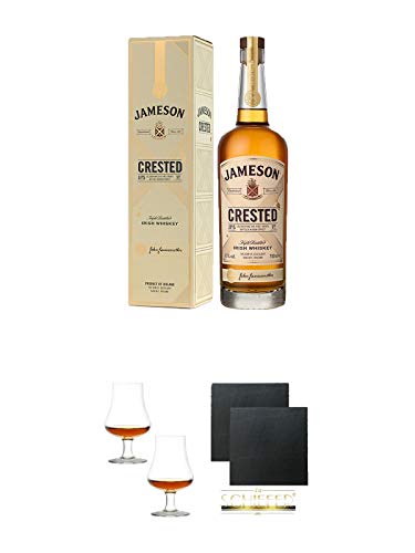 Jameson Crested Ten Irish Whiskey 0,7 Liter + Stölzle Nosingglas für Whisky 2 Gläser - 1610031 + Schiefer Glasuntersetzer eckig ca. 9,5 cm Ø 2 Stück