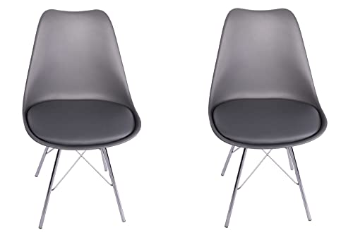 SAM 2er Set Schalenstuhl Lerche, Sitzschale grau, integriertes Kunstleder-Sitzkissen, Stuhl mit Gestell aus Chrom, Esszimmerstuhl im skandinavischen Stil