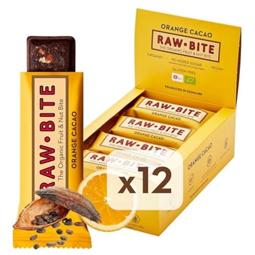 RAWBITE ORANGE CACAO in der 12er Box - Vegan, glutenfrei & ohne Zuckerzusatz (enthält von Natur aus Zucker) – Bio Frucht-Nuss-Riegel mit Orange & Kakao (12 x 50 g)