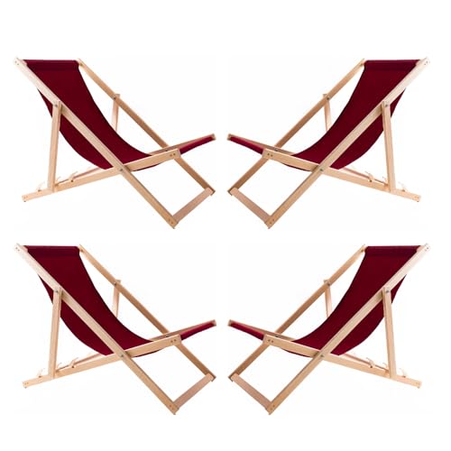 WOODOK 4er Liegestuhl Klappbar - Gartenliege Klappbar bis 120kg, Sonnenliege aus Buchenholz ohne Armlehne - 3-Stufige Rückenlehnenverstellung (4X Rotwein)