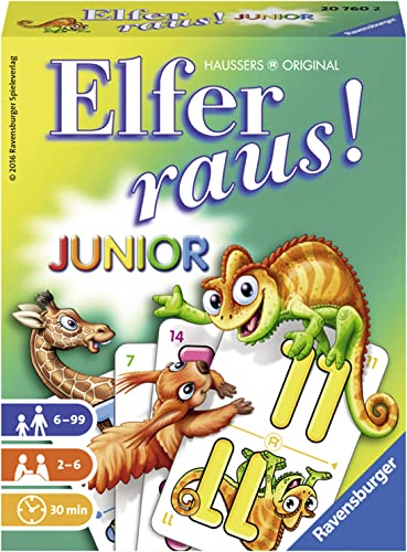 Ravensburger - 20760 Elfer Raus! Junior - Gesellschaftsspiel für 2-6 Spieler, Spiel ab 6 Jahren für Kinder und Erwachsene, Zahlenraum 1-21