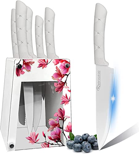 Messerblock mit Messer, Pinke Blume 6-teiliges scharfes Kochmesser-Set aus Edelstahl mit Acrylständer, rutschfestes Kochmesser-Set mit Block, bunte Antihaftbeschichtung, Geschenk für Mädchen (Weiß)