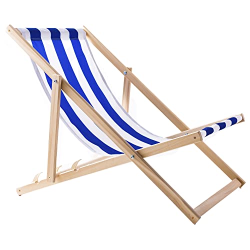 Woodok Liegestuhl aus Buchholz Strandstuhl Sonnenliege Gartenliege für Strand, Garten, Balkon und Terrasse Liege Klappbar bis 120kg (Blau/weiß)