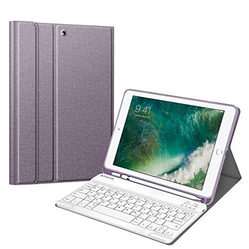 Fintie Tastatur Hülle für iPad 9.7 2018 (6. Generation), Soft TPU Rückseite Gehäuse Keyboard Case mit eingebautem Pencil Halter, magnetisch Abnehmbarer QWERTZ Bluetooth Tastatur, Jeansoptik Lavendel