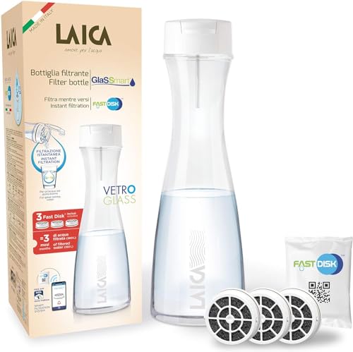 Laica Filterflasche aus Glas, 3 Filter im Lieferumfang enthalten, 360 Liter Wasser sofort gefiltert, reduziert Chlor, verbessert den Wassergeschmack, 100% Made in Italy