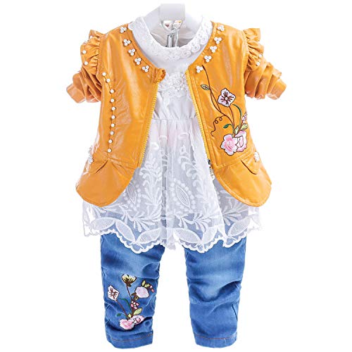 6M-4T Baby- und Kleinkindmädchen 3-teiliges Kleidungsset Langarm-T-Shirt Lederjacke und Jeans (6-12M, Gelb-Blume)