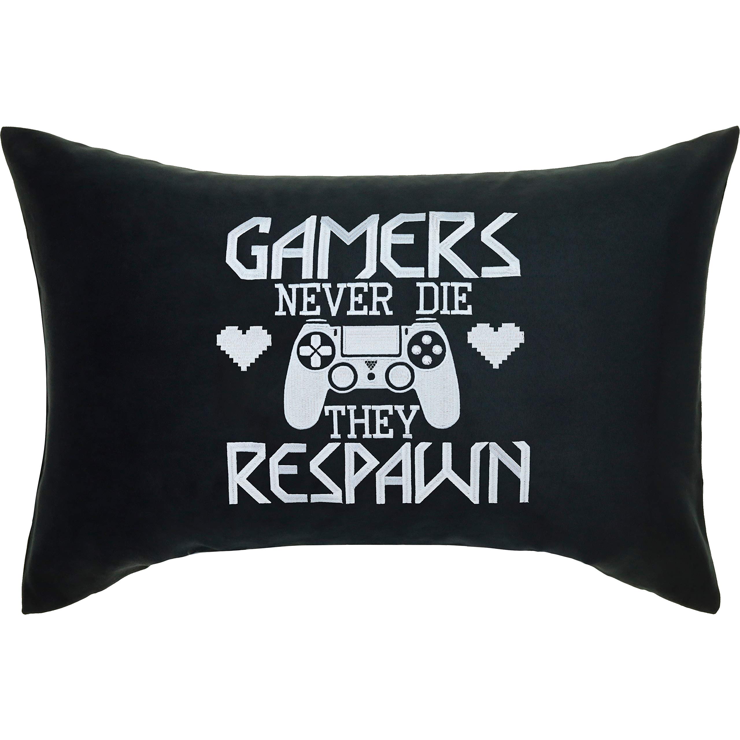 Zocker Sessel Kissen mit lustigem Spruch 40x60cm "Gamers never die - they respawn" lustiges Geburtstagsgeschenk Wohnzimmer Dekokissen mit Füllung Computerspiel Gamer Sofakissen | schwarz