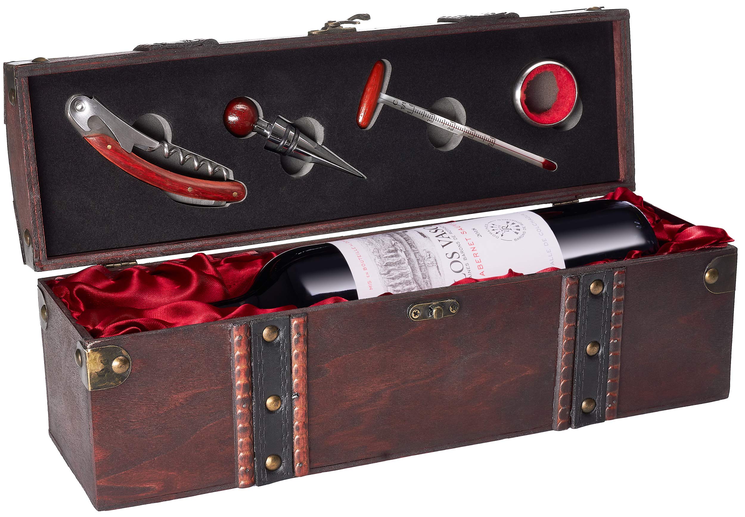 BRUBAKER Geschenkset Weinset mit 1 Flasche Rotwein Jahrgang 2018 Los Vascos Rot Cabernet Sauvignon - in Holzkiste mit Sommelierset