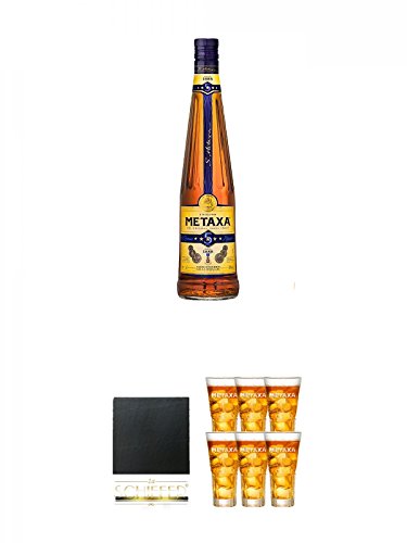 Metaxa 5* Sterne Weinbrand Brandy 1 Liter + Schiefer Glasuntersetzer eckig ca. 9,5 cm Durchmesser + Metaxa Spyro 6 x Gläser mit Eichstrich 2cl und 4cl