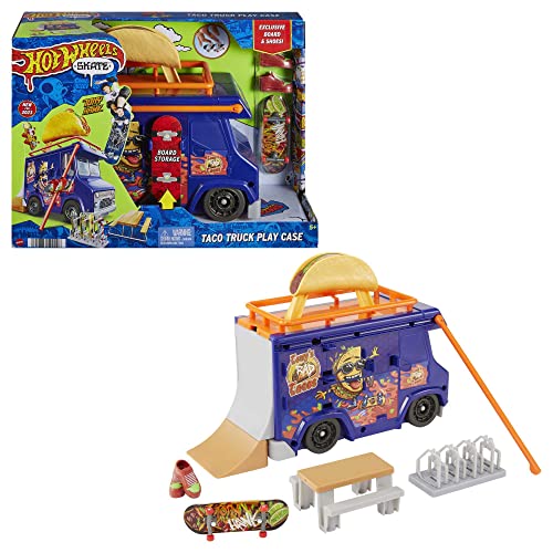 Hot Wheels HMK00 - HW Skate tragbarer Skatepark, Taco-Truck Spielkoffer mit 1 exklusivem Fingerboard, 1 Paar Abnehmbarer Skateboard-Schuhe und Aufbewahrungsmöglichkeit, Reisespielzeug