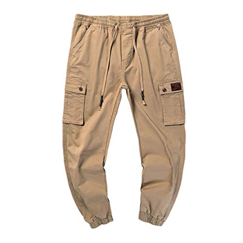 YOUJIAA Herren Cargohosen Einfarbig Übergröße Elastische Taille Multi-Taschen Harem Outdoorhose Jogginghose mit Tunnelzug (Khaki, CN 7XL)