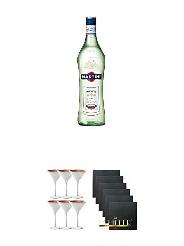 Martini Bianco Vermouth 0,75 Liter + Stölzle Cocktail-und Martiniglas Olympic Serie 6 Gläser - 1408825 + Schiefer Glasuntersetzer eckig 6 x ca. 9,5 cm Durchmesser