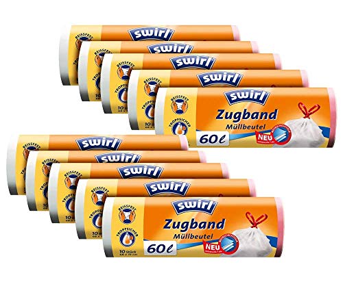 Swirl Zugband-Müllbeutel, 60 Liter, 4 Rollen mit je 10 Beuteln, Weiß