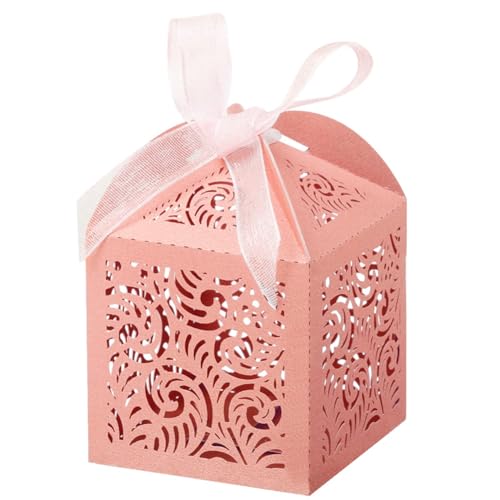 Kanylavy 100 StüCk Lasergeschnittene Geschenkboxen, 2 X 2 Kleine Geschenkboxen für Geschenke, Party-Hochzeits-Geschenkboxen mit Band, Rosa