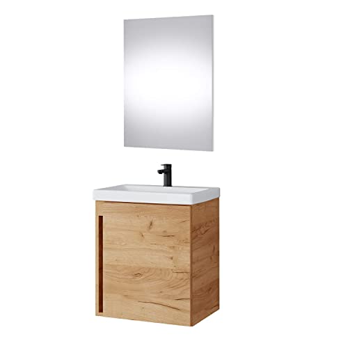 Planetmöbel Waschtischunterschrank in Gold Eiche 50cm mit Waschbecken & Spiegel, Badmöbel Set für Badezimmer Gäste WC