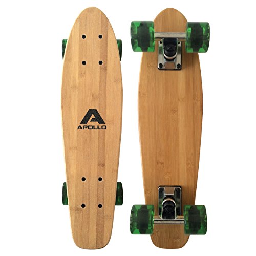 Apollo Wooden Fancy Skateboard, Vintage Cruiser Komplettboard mit und ohne LED Wheels, Größe: 22.5'' (57,15 cm), Farbe: Wood/Bottle Green