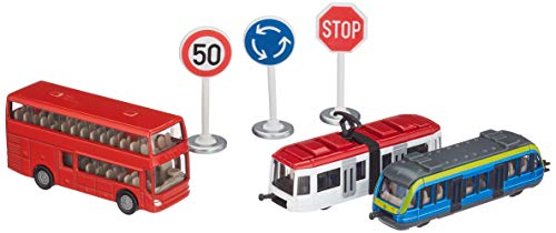 siku 6303, Geschenkset - Nahverkehr, Metall/Kunststoff, Multicolor, 1 Doppelstock-Reisebus, 1 Straßenbahn, 1 Nahverkehrszug, 3 Schilder