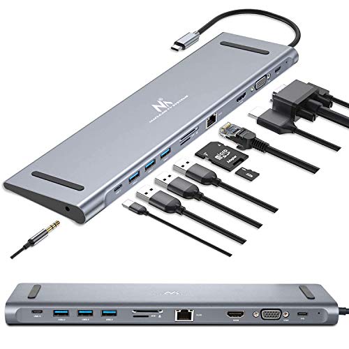 Maclean MCTV-850 11 in 1 USB C 3.1 Hub Adapter HDMI / 3X USB 3.0 / USB-C Stromversorgung / PD (Power Delivery) / VGA 1900x1200 @ 60Hz / RJ-45 / Audio 3,5mm Port/ SD/TF Kartenleser Plug&Play