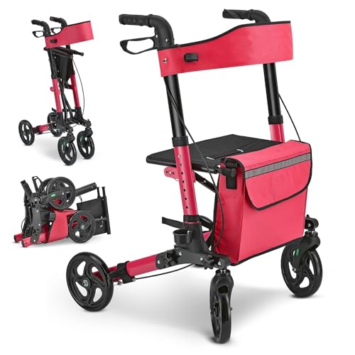 Juskys Rollator Vital rot – Gehhilfe faltbar & leicht aus Aluminium bis 130 kg – Laufhilfe höhenverstellbar mit Sitz, Tasche & Regenschirmhalterung