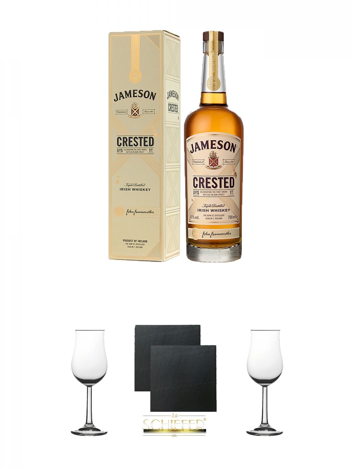Jameson Crested Ten Irish Whiskey 0,7 Liter + Whisky Nosing Gläser Kelchglas Bugatti mit Eichstrich 2cl und 4cl 1 Stück + Schiefer Glasuntersetzer eckig ca. 9,5 cm Ø 2 Stück + Whisky Nosing Gläser Kelchglas Bugatti mit Eichstrich 2cl und 4cl 1 Stück