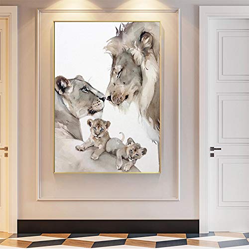 Leinwand Kunstwerk Abstrakte Löwenfamilie Malerei Moderne Poster und Drucke Wandkunst Bilder für Wohnzimmer Dekoration 80x120cm Rahmenlos