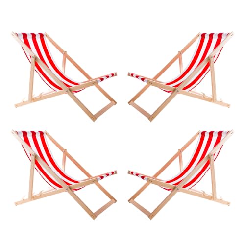 WOODOK 4er Liegestuhl Klappbar - Gartenliege Klappbar bis 120kg, Sonnenliege aus Buchenholz ohne Armlehne - 3-Stufige Rückenlehnenverstellung (4X Rot/Weiß)