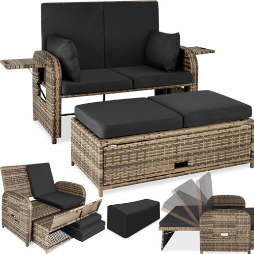 tectake 800934 Aluminium Polyrattan Lounge, 2er Garten-Sofa mit 6-Fach Verstellbarer Rückenlehne, wetterfest und rostfrei, inkl. Auflagen, Kissen + Schutzhülle (Natur | Nr. 403709)