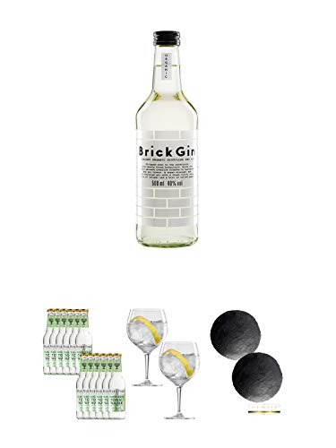 Brick Gin Organic Dry Gin 0,5 Liter + Fever Tree Elderflower Tonic Water 12 x 0,2 Liter + Spiegelau Gin & Tonic 4390179 2 Gläser + Schiefer Glasuntersetzer RUND ca. 2 x 9,5 cm Durchmesser