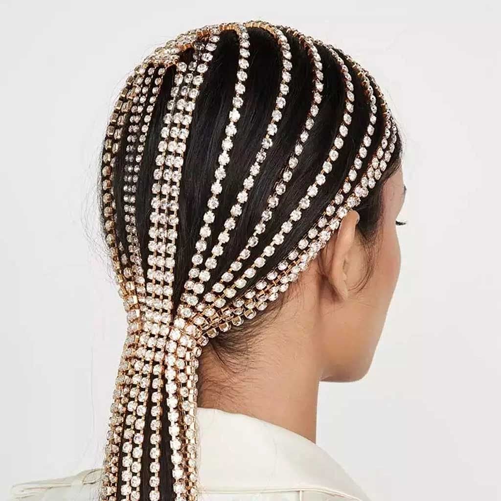 Braut-Stirnband Strass lange Quaste Haarkette Accessoires für Frauen Kristall Mehrstränge Kopfkette Haarschmuck (Farbe: B) (A)