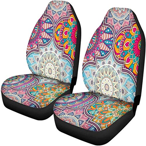 Binienty Auto Dekorative Sitzbezüge für Vordersitze 2er Set, buntes Mandala-Blumenmuster, Boho-Stil, Auto-Zubehör für Frauen, universelle Passform