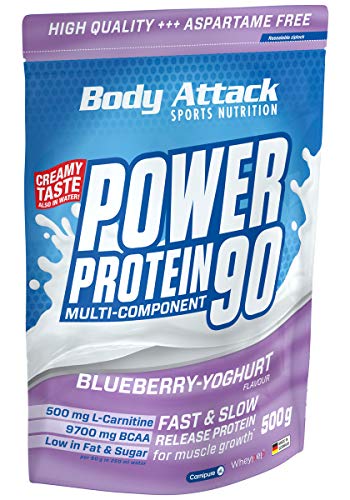 Body Attack Power Protein 90, 5K Eiweißpulver mit Whey-Protein, L-Carnitin und BCAA für Muskelaufbau und Fitness, Made in Germany (Blueberry-Yoghurt Cream, 500g)