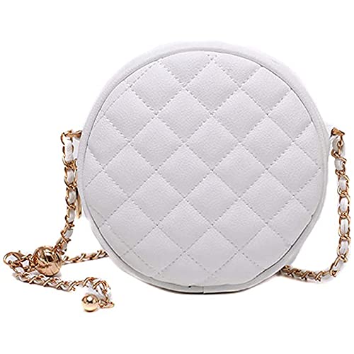 Aoun Frauen Persönlichkeit gesteppt veganes Leder Runde Crossbody Tasche Mode Süße Mini Schultertaschen Geldbörse mit Kette (Weiß)