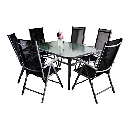 Nexos Trading 7-teiliges Gartenmöbel-Set – Gartengarnitur Sitzgruppe Sitzgarnitur aus Gartenstühlen & Esstisch (Glasplatte: klar mit Struktur) – Aluminium Kunststoff Glas – schwarz grau