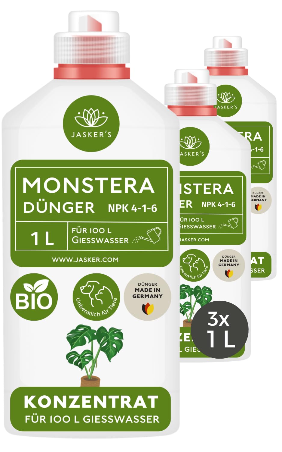 Bio Monstera Dünger 3 Liter (3x1L) - Konzentrat Dünger für Monstera deliciosa & variegata - 100% Schnelldünger - Flüssigdünger für 200 Liter Gießwasser - Grünpflanzen-Dünger