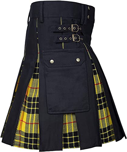 HJXX Utility-Kilt Herren Traditioneller Highland Tartan Kilt Faltenröcke Spleiß schottischer Rock,Gelb,Medium
